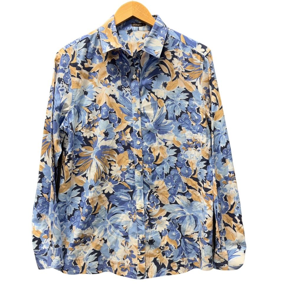 J McLaughlin Shirt Button Up Womens Medium M Floral‎ Blue Coastal Cotton Blend